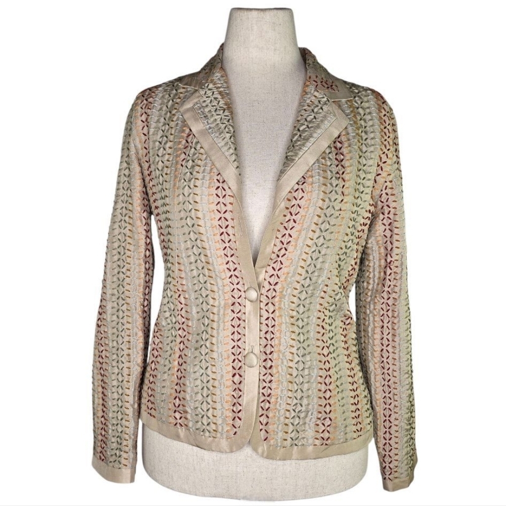 Chico’s 100% Silk Embroidered Blazer Jacket Multicolor Boho Luxe Size 1